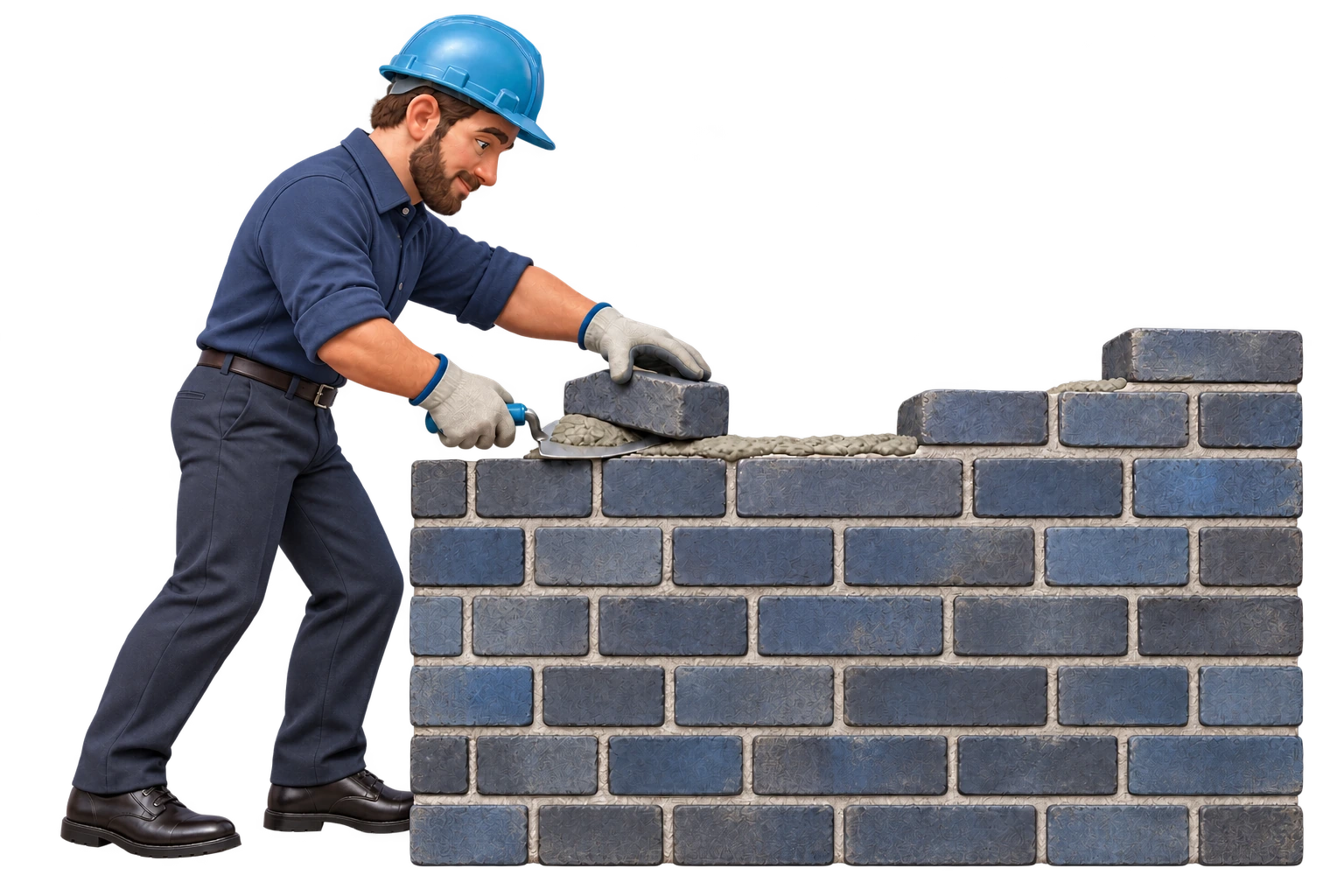 A hands-on business professional in a rolled-sleeve shirt and tailored trousers laying a real brick wall. Thirteen individual worn brick faces carry Gridward process labels; the Gridward wordmark appears on his helmet. The bottom course asks: What does success look like to you?